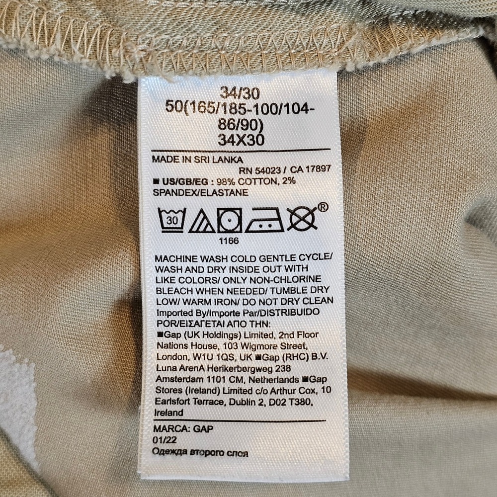 Gap Mens Straight Fit Chinos Khaki Tan Cotton Stretch Pants 34x30 1166 - Picture 9 of 9